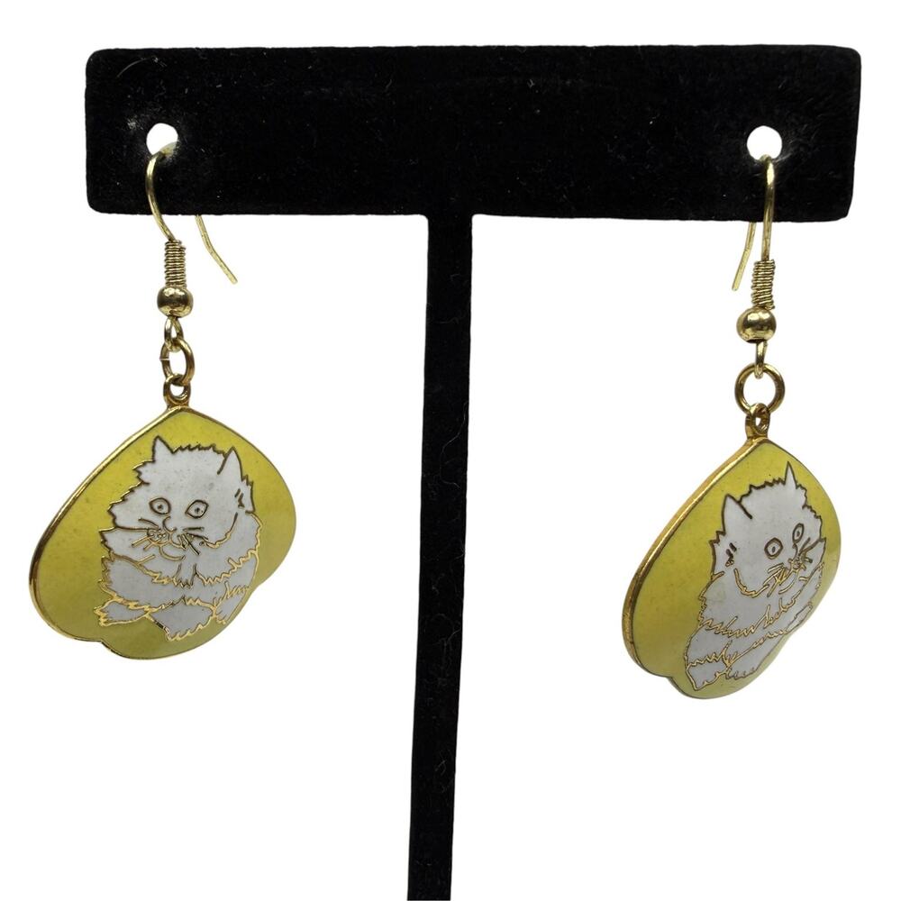 Cute Cat Kitten Enamel Drop Dangle Earrings Yellow White Gold Tone Fishhook 1.5"